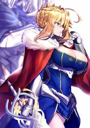  ahoge aqua_eyes armor armored_dress artoria_pendragon_(fate) artoria_pendragon_(lancer)_(fate) blonde_hair blue_dress blue_gloves blurry blurry_background braid breasts cape cleavage commentary_request crown dress elbow_gloves fate/grand_order fate_(series) faulds female french_braid full_armor fur-trimmed_cape fur_trim gauntlets gloves hair_between_eyes knight lance large_breasts long_hair ninoude_(ninoude44) parted_lips polearm red_cape rhongomyniad_(fate) sidelocks simple_background sleeveless sleeveless_turtleneck turtleneck underbust weapon white_background 