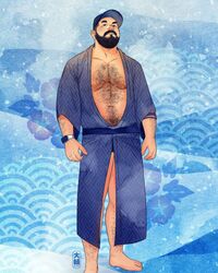  1boy arm_hair arms_at_sides bara bare_pectorals baseball_cap beard blue_kimono blue_male_underwear bulge chest_hair commission daisukebear facial_hair full_body hairy hat head_tilt highres japanese_clothes kimono large_pectorals leg_hair male_focus male_underwear male_underwear_peek mature_male moustache muscular muscular_male navel navel_hair nipples open_clothes open_kimono original pectorals realistic short_hair solo standing stomach thick_mustache thick_thighs thighs undercut underwear 