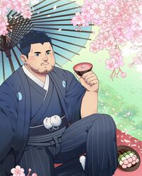  1boy bara beard_stubble black_hair blush bulge cherry_blossoms cup daisukebear facial_hair feet_out_of_frame hakama hakama_pants hanami haori highres holding holding_cup japanese_clothes looking_up male_focus mature_male mustache_stubble new_year original pants sakazuki short_hair sideburns smile solo stubble undercut 