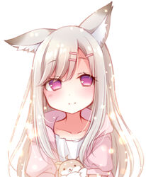  animal_ear_fluff animal_ears animare blush dress female floppy_ears fox_ears fox_girl highres hood hood_down hoodie light_particles long_hair nanashi_inc. pink_hoodie purple_eyes shiromiya_mimi smile solo usaba_(usabara_c) virtual_youtuber white_background white_dress white_hair 