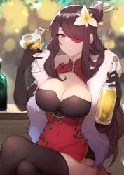  absurdres alcohol beidou_(genshin_impact) black_gloves black_thighhighs bottle breasts brown_hair chinese_clothes cleavage colored_eyepatch crossed_legs cup drink drinking_glass elbow_gloves eyepatch female flower fur genshin_impact gloves hair_flower hair_ornament hair_over_one_eye highres large_breasts long_hair looking_at_viewer red_eyes sakotach sitting smile solo thighhighs 