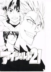  3boys absurdres closed_mouth copyright_name eyeshield_21 grin hair_between_eyes hair_slicked_back highres hiruma_youichi kakei_shun kobayakawa_sena looking_at_viewer looking_to_the_side multiple_boys murata_yuusuke official_art ringed_eyes sanpaku scan sharp_teeth short_hair simple_background smile spiked_hair teeth traditional_media white_background 