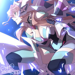  armor between_legs breasts cleavage closed_mouth commentary_request commission female gloves green_eyes hair_between_eyes hand_between_legs highres hinomoto_madoka large_breasts long_hair maria_cadenzavna_eve pauldrons pink_hair senki_zesshou_symphogear shoulder_armor skeb_commission solo squatting thighhighs very_long_hair 