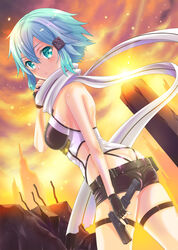  anti-materiel_rifle aqua_eyes aqua_hair black_gloves black_shorts bolt_action butt_crack commentary_request cowboy_shot dutch_angle female fingerless_gloves gloves gun hair_ornament hairclip leotard looking_at_viewer pgm_hecate_ii rifle rock scarf short_hair short_shorts shorts sinon sniper_rifle solo sword_art_online uonuma_yuu weapon white_scarf 