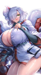  breasts breasts_out bridal_gauntlets cleavage cowboy_shot destiny_child dress_shirt female green_eyes hair_over_one_eye highres huge_breasts jacket kanaloa_(destiny_child) large_breasts light_smile monster_girl red_lips scarf scylla shirt short_hair suit_jacket tentacle thighs white_hair white_jacket yurika48597221 