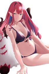  baobhan_sith_(fate) bare_shoulders black_bra black_panties bra breasts cernunnos_(fate) cleavage collarbone earrings fate/grand_order fate_(series) female grey_eyes hoop_earrings jewelry kameponde large_breasts long_hair looking_at_viewer navel panties pink_hair pointy_ears sidelocks smile solo stomach stuffed_toy thighs underwear 