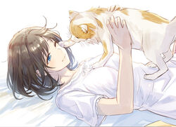  animal bed_sheet blue_eyes bob_cut breasts brown_hair cat_on_person commentary feline female holding holding_animal holding_cat light_smile looking_at_animal loose_hair_strand lying medium_breasts mono_lith nightgown on_back on_bed one_eye_closed original pawing short_hair simple_background solo white_background white_nightgown 