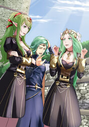  1boy 2girls breasts cleavage color_connection commentary cowboy_shot fire_emblem fire_emblem:_three_houses fire_emblem_awakening garreg_mach_monastery_uniform green_eyes green_hair hair_color_connection highres large_breasts long_sleeves multiple_girls rhea_(fire_emblem) seteth_(fire_emblem) sukkirito_(rangusan) tiara tiki_(adult)_(fire_emblem) tiki_(fire_emblem) 