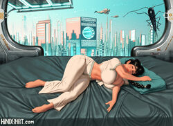  2boys absurdres bed black_hair braid braided_ponytail breasts bug building city city_lights cityscape cleavage evening female gigantic_breasts highres hindsart lying multiple_boys on_side orbital_ring original scenery science_fiction sky skyline skyscraper 