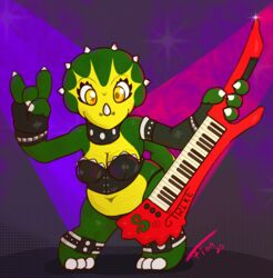  anthro breasts ceratopsian cleavage clothed clothing dinosaur extinct female fionthebunny hevisaurus hi_res horn keyboard_instrument keytar looking_at_viewer milli_pilli musical_instrument navel non-mammal_breasts ornithischian power_metal prehistoric_species reptile scalie simple_background smile solo triceratops 