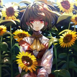  acetylene-lamp adapted_costume ascot backlighting belt blue_sky blurry blurry_background blush brown_belt closed_mouth commentary_request dappled_sunlight day dress female flower garden_of_the_sun green_hair hair_between_eyes highres holding holding_flower kazami_yuuka light_particles light_smile lips long_sleeves looking_at_viewer off-shoulder_dress off_shoulder red_dress red_eyes shirt sky solo sunflower sunlight touhou turtleneck wavy_hair white_shirt wind yellow_ascot yellow_flower 