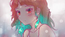  bare_shoulders blush closed_mouth collarbone feathers female glowing glowing_eyes gradient_background grey_background highres hololive hololive_english looking_at_viewer looking_to_the_side md5_mismatch red_eyes shaded_face shironekokfp takanashi_kiara virtual_youtuber 