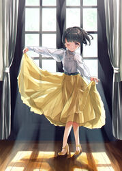  blouse blush crossed_legs curtains curtsey female indoors koisuru_asteroid long_sleeves one_eye_closed open_window ponytail puffy_sleeves see-through see-through_silhouette shirt shoes short_hair skirt skirt_hold solo sunlight touyama_nao ugchoco white_shirt window yellow_footwear yellow_skirt 