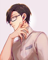  1boy beige_shirt breast_pocket brown_hair character_request club_suicide commentary_request earrings glasses grey_background hand_on_own_ear hand_up highres jewelry looking_at_viewer mabuchi_meiyou male_focus nanin pocket profile shirt short_hair sideways_glance simple_background solo upper_body 