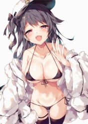  :d absurdres azur_lane bad_hands bare_shoulders bikini black_bikini black_hair black_thighhighs bow breasts cleavage collarbone commentary_request cowboy_shot fantia_reward female front-tie_bikini_top front-tie_top fur_trim groin hairbow half-closed_eyes halterneck hat highres jacket large_breasts long_hair looking_at_viewer micro_bikini navel oerba_yun_fang off_shoulder one_side_up open_clothes open_jacket open_mouth paid_reward pamiat_merkuria_(azur_lane) peaked_cap pink_eyes side-tie_bikini_bottom simple_background skindentation smile solo stomach string_bikini swimsuit thigh_strap thighhighs thighs unacchi_(nyusankin) white_background white_hat white_jacket 