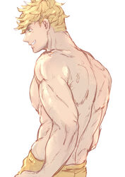  1boy bara blonde_hair granblue_fantasy green_eyes large_pectorals male_focus male_swimwear muscular muscular_male nipples official_alternate_costume pectorals short_hair simple_background smile solo sumo_fck teeth topless_male vane_(granblue_fantasy) vane_(summer)_(granblue_fantasy) white_background yellow_male_swimwear 