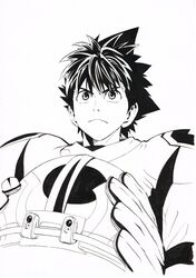  1boy absurdres american_football_helmet american_football_uniform closed_mouth eyeshield_21 foreshortening gloves greyscale hair_between_eyes helmet highres holding holding_helmet kobayakawa_sena male_focus monochrome murata_yuusuke official_art scan serious shirt shoulder_pads simple_background solo spiked_hair sportswear traditional_media upper_body white_background 