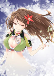  absurdres amagi_(kancolle) amagi_kai_(kancolle) breasts brown_eyes brown_hair cleavage cleavage_cutout clothing_cutout crop_top female flower green_shirt hair_ornament highres kantai_collection large_breasts leaf leaf_hair_ornament long_hair maple_leaf matsuura@parao red_flower shirt solo upper_body 