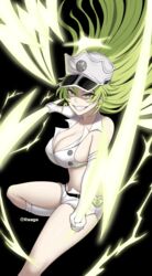  absurdres artist_name black_background bleach bleach:_sennen_kessen-hen breasts candice_catnipp cleavage commentary elbow_gloves electricity electrokinesis energy english_text female fighting_stance floating_hair gloves glowing green_eyes green_hair grin hair_between_eyes halo hat highres large_breasts lazier lightning long_hair looking_at_viewer micro_shorts military_hat mixed-language_commentary shaded_face shorts sidelocks simple_background smile solo standing standing_on_one_leg sternritter stomach thighs v-shaped_eyebrows wandenreich_uniform white_gloves white_hat white_shorts yellow_halo 