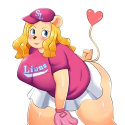  1:1 anthro blonde_hair blue_eyes breasts clothing felid female gloves grape_jelly_(artist) hair handwear hat headgear headwear kbo_league lion mammal pantherine pinkleo samsung_lions smile solo 