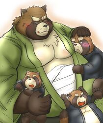  2020 absurd_res anthro belly blush brown_body brown_fur canid canine closed_eyes clothing fur group gyobu&#039;s_underlings gyobu_(tas) hi_res hug kemono lifewonders male mametanu_tanuki mammal moobs overweight overweight_male raccoon_dog robe scar simple_background tanuki tokyo_afterschool_summoners 