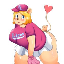  1:1 anthro blonde_hair blue_eyes breasts clothing felid female gloves grape_jelly_(artist) hair handwear hat headgear headwear kbo_league lion mammal pantherine pinkleo samsung_lions smile solo 