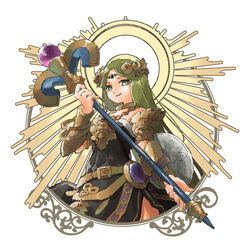  alternate_color armlet bangle black_dress bracelet bracer circlet dress female green_eyes green_hair highres holding holding_staff jewelry kid_icarus long_hair looking_at_viewer neck_ring necklace nishikuromori open_mouth palutena parted_bangs shield side_slit simple_background smile solo staff strapless strapless_dress super_smash_bros. very_long_hair white_background 