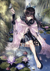  absurdres aged_up alternate_universe barefoot black_hair black_skirt blue_flower blunt_bangs bug butterfly butterfly_hair_ornament butterfly_on_hand cape commentary_request demon_slayer_uniform eyepatch female floral_print flower fucafucaorishiki gradient_nails hair_ornament highres kimetsu_no_yaiba lily_pad lips long_hair lotus nail_polish partial_commentary pink_cape pleated_skirt purple_eyes purple_nails see-through sidelocks sitting skirt stone toenail_polish toenails tsuyuri_kanao uniform very_long_hair willow 