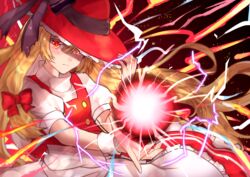  apron black_bow blush bow breasts buttons closed_mouth commentary_request electricity electrokinesis energy_ball fiore_orange fire frilled_apron frilled_hat frilled_skirt frills hairbow hand_on_headwear hat hat_bow highres kirisame_marisa kirisame_marisa_(witch_of_scarlet_dreams) long_hair magic puffy_short_sleeves puffy_sleeves pyrokinesis red_bow red_eyes red_headwear red_skirt red_vest serious shirt short_sleeves skirt small_breasts touhou touhou_lostword turtleneck very_long_hair vest waist_apron white_apron white_shirt witch_hat wrist_cuffs 