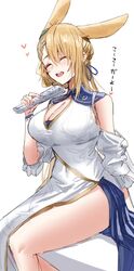  animal_ears arknights blonde_hair blush breasts china_dress chinese_clothes cleavage closed_eyes dress female heart highres holding holding_newspaper horn/wood kroos_(arknights) kroos_the_keen_glint_(along_the_corridor)_(arknights) kroos_the_keen_glint_(arknights) large_breasts long_hair newspaper open_mouth rabbit_ears rabbit_girl simple_background sitting solo thighs white_background white_dress 