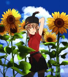  annin_musou arms_up bad_id bad_twitter_id black_hat blurry blurry_background blush brown_eyes brown_hair cloud day female fingerless_gloves flower fur_hat gloves grin hair_between_eyes hair_ornament hairclip hat kantai_collection long_hair low_twintails no_scarf outdoors pantyhose papakha red_shirt shirt sky smile solo star_(symbol) sunflower tashkent_(kancolle) twintails 