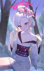  absurdres asymmetrical_bangs blue_archive blurry blurry_background breasts cleavage collarbone female floral_print grey_hair hair_bun halo highres japanese_clothes kimono long_sleeves looking_at_viewer mutsuki_(blue_archive) mutsuki_(new_year)_(blue_archive) obi obijime off_shoulder official_alternate_costume pink_eyes sash small_breasts solo squatting swept_bangs tabi taktori white_kimono wide_sleeves 