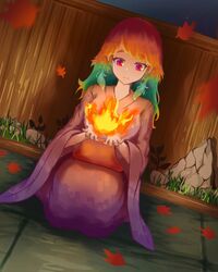  commentary english_commentary falling_leaves feathers female fire full_body hololive hololive_english japanese_clothes kimono leaf looking_down multicolored_hair night outdoors red_eyes red_hair seiza shironekokfp sitting takanashi_kiara virtual_youtuber wooden_wall 