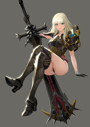  absurdres aqua_eyes arm_support armor ass black_armor black_gloves blonde_hair breastplate cameltoe commission crossed_legs dark_knight_(final_fantasy) eyelashes eyeshadow female final_fantasy final_fantasy_xiv gloves greatsword greaves grey_background grey_gloves high_heels highres holding holding_sword holding_weapon hongcasso hyur invisible_chair long_eyelashes long_hair makeup multicolored_clothes multicolored_gloves pauldrons pink_eyeshadow shoulder_armor signature simple_background sitting solo sword warrior_of_light_(ff14) weapon 