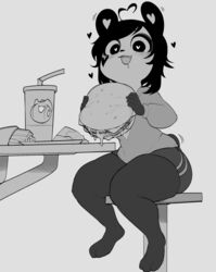  2022 anthro bear black_hair burger burgz_(song) chair female food fries furniture giant_panda hair heart_eyes heart_symbol hi_res kenny_(kenashcorp) krekk0v mammal monochrome open_mouth open_smile sitting smile solo straw_(disambiguation) 