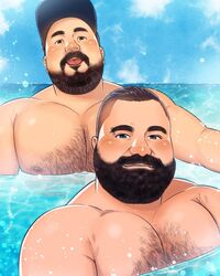  2boys :p bara beach beard blue_sky blush chest_hair commission couple daisukebear eyebrow_piercing facial_hair full_beard hair_slicked_back highres large_pectorals long_mustache looking_at_viewer male_focus mature_male moustache multiple_boys muscular muscular_male nude original partially_submerged pectorals piercing plump realistic receding_hairline short_hair sky thick_eyebrows thick_mustache tongue tongue_out water 