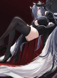  absurdres august_von_parseval_(azur_lane) azur_lane bare_shoulders black_dress black_footwear black_horns black_ribbon black_thighhighs breasts clothing_cutout crossed_legs curled_horns dress feather_boa female foot_out_of_frame from_below grin hair_over_one_eye hair_ribbon high_heels highres horns large_breasts legs long_hair mechanical_horns mikai_2035 one_eye_covered parted_lips purple_eyes purple_hair ribbon sidelocks sitting smile solo thighhighs very_long_hair zettai_ryouiki 