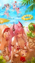  4girls absurdres animal_ears ball beach beachball bikini breasts cat_ears cat_girl coconut curled_horns curly_hair demon_girl demon_horns destiny_child drinking_straw food fruit fruit_cup grilla_(destiny_child) highres horns leda_(destiny_child) long_hair multiple_girls one_eye_closed outdoors serket_(destiny_child) smile starfish swimsuit sytry_(destiny_child) thighs tube twintails very_long_hair watermelon wavy_hair yurika48597221 