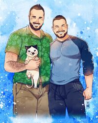  2boys ^_^ animal arm_hair bara beard blue_sleeves brown_pants bulge closed_eyes couple cropped_legs daisukebear facial_hair feline green_shirt grin highres holding holding_animal holding_cat large_pectorals looking_at_viewer male_focus mature_male midriff_peek moustache multiple_boys muscular muscular_male original pants pectorals raglan_sleeves receding_hairline shirt short_hair side-by-side smile t-shirt thick_mustache yaoi 