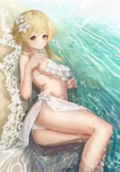  bare_arms bare_shoulders beach bikini blonde_hair breasts closed_mouth commentary_request day esuma_gt feet_out_of_frame female genshin_impact highres looking_at_viewer lumine_(genshin_impact) lying ocean on_side outdoors shore short_hair_with_long_locks sidelocks swimsuit thighs water wet white_bikini yellow_eyes 