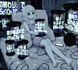  :o bare_legs barefoot bed blonde_hair camisole cellphone commentary curtains dark dress feet female green_eyes holding holding_hourglass hourglass indoors long_hair on_bed original pajamas phone pillow reclining short_shorts shorts sitting smartphone soles solo toes translated window yajirushi_(chanoma) 