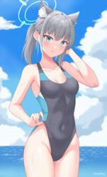  absurdres animal_ear_fluff animal_ears black_one-piece_swimsuit blue_archive blue_eyes blue_sky breasts clothes_pull cloud commentary competition_swimsuit covered_navel cowboy_shot cross_hair_ornament day extra_ears female grey_hair hair_ornament halo highres kyujuukyu low_ponytail medium_breasts medium_hair mismatched_pupils multicolored_clothes multicolored_swimsuit official_alternate_costume one-piece_swimsuit one-piece_swimsuit_pull outdoors shiroko_(blue_archive) shiroko_(swimsuit)_(blue_archive) sky solo swimsuit wolf_ears 