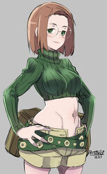  belt belt_pouch breasts brown_hair butcha-u commentary_request crop_top female forehead glasses green_eyes green_sweater grey_background hands_on_own_hips highres light_smile looking_at_viewer medium_breasts midriff mimoza_lorange multiple_belts navel open_fly pouch ribbed_sweater rimless_eyewear round_eyewear short_hair shorts solo summon_night summon_night_2 sweater turtleneck turtleneck_sweater 