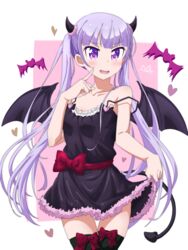  bad_id bad_pixiv_id black_dress black_wings blush bow collarbone cowboy_shot demon_girl demon_tail demon_wings dress fake_horns female floating_hair green_thighhighs heart highres horns index_finger_raised long_hair new_game! off_shoulder open_mouth purple_eyes purple_hair red_bow sekitsuki_hayato short_dress skirt_hold sleeveless sleeveless_dress solo standing suzukaze_aoba tail thigh_gap thighhighs very_long_hair wavy_mouth wings 