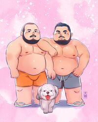  2boys arm_on_another&#039;s_shoulder bara beard big_belly blush bulge buzz_cut canine couple daisukebear deformed facial_hair fat fat_man full_body grey_shorts hand_on_own_hip highres large_pectorals looking_at_viewer male_focus mature_male moustache multiple_boys muscular muscular_male navel nipples orange_shorts original pectorals pink_background receding_hairline sandals short_hair shorts standing stomach thick_mustache topless_male very_short_hair yaoi 