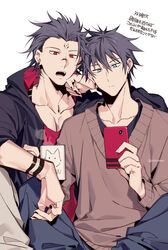  2boys aocvoooo arm_tattoo black_hair black_nails blue_eyes brown_sweater cellphone closed_mouth coffee_mug collarbone commentary_request cup facial_tattoo fushiguro_megumi hand_on_own_cheek hand_on_own_face holding holding_cup holding_phone jujutsu_kaisen long_sleeves male_focus mug multiple_boys open_mouth phone red_eyes ryoumen_sukuna_(jujutsu_kaisen) short_hair sitting smartphone spiked_hair sweater tattoo translation_request yaoi 