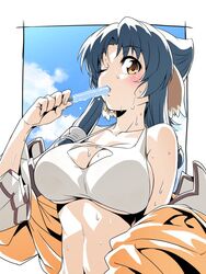  animal_ears atuy bare_shoulders blue_hair blush breasts cleavage clothes_down commentary crop_top female food hair_tubes halterneck jacket large_breasts long_hair looking_at_viewer navel one_eye_closed open_mouth parted_bangs popsicle shirt solo sweat underboob upper_body utawarerumono wakoudo white_shirt yellow_eyes yellow_jacket 