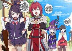  4girls 53c_(ray_cordova) ange_katrina angry aqua_(konosuba) aqua_(konosuba)_(cosplay) armor arms_at_sides belt black_belt black_bodysuit black_cape black_eyes black_gloves black_hair blunt_bangs bodysuit boobplate boots bow brown_belt brown_footwear brown_pants cape choker closed_eyes closed_mouth commission cosplay crossed_arms darkness_(konosuba) darkness_(konosuba)_(cosplay) deroops detached_sleeves dress english_text fingerless_gloves gloves gundou_mirei hair_bun hair_intakes hair_ornament hairpin hat holding holding_staff horns jitome kono_subarashii_sekai_ni_shukufuku_wo! long_hair long_sleeves megumin megumin_(cosplay) multiple_girls neck_ribbon nijisanji open_mouth pants purple_dress purple_eyes purple_hair purple_headwear purple_shirt purple_skirt red_bow red_hair red_ribbon red_shirt ribbon rindou_mikoto satou_kazuma satou_kazuma_(cosplay) second-party_source shirt single_hair_ring skin-covered_horns skirt sleeveless sleeveless_shirt speech_bubble staff suzuka_utako thigh_boots virtual_youtuber white_cape white_sleeves witch_hat 