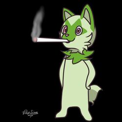  1:1 absurd_res ambiguous_gender drugs felid feline feral folfslime fur generation_9_pokemon green_body green_fur hi_res mammal marijuana mario_smoking_weed nintendo pokemon pokemon_(species) pose ralsei_smoking_blunt red_nose smoke smoking solo sprigatito 