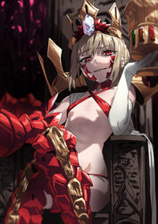  absurdres armored_legwear bad_id bad_pixiv_id blonde_hair braid breasts chalice collarbone commentary commission criss-cross_halter crossed_legs crown cup dragon_claw elbow_gloves facial_mark fate/grand_order fate/grand_order_arcade fate_(series) female french_braid gloves gold_crown grin halterneck highres holding holding_cup jewelry looking_at_viewer nero_claudius_(fate) original_nasu panties pixiv_commission pointed_crown queen_draco_(fate) queen_draco_(second_ascension)_(fate) red_eyes red_legwear red_panties revealing_clothes short_hair single_elbow_glove single_glove sitting small_breasts smile solo stomach throne underwear white_gloves 